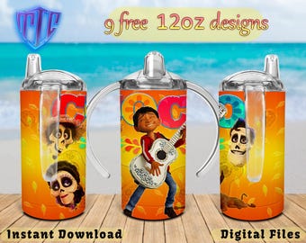 Coco Sippy 12oz Design, Sublimation Design, Kids Cup Design, Wrap 12 oz PNG Design, Free 12oz Designs.