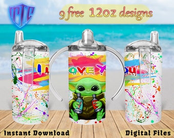 Baby Yoda Sippy 12oz Tumbler Design, Sublimation Design, Kids Cup Design, Wrap 12 oz PNG Design, Free 12oz Designs.
