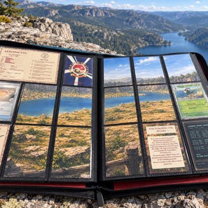 May include: A black zipped trading card binder with red interior accents, open to display a collection of cards. The pages feature a panoramic landscape image across multiple slots, interspersed with cards labelled Aerodactyl and Pterosaurs.