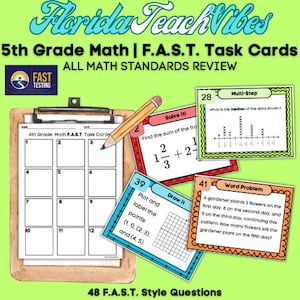 Pode incluir: Um conjunto de cartões de tarefas coloridos para matemática do 5º ano, apresentando uma variedade de problemas matemáticos, incluindo problemas de vários passos, resolver, traçar e rotular, desenhar e problemas de palavras. Os cartões são projetados para ajudar os alunos a revisar e praticar os padrões matemáticos.