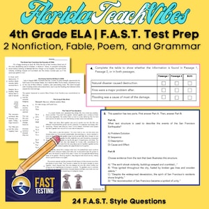 May include: A worksheet with a table and multiple choice questions for a 4th grade ELA F.A.S.T. test prep. The worksheet includes a passage about the San Francisco earthquake and questions about the text structure and evidence from the text.