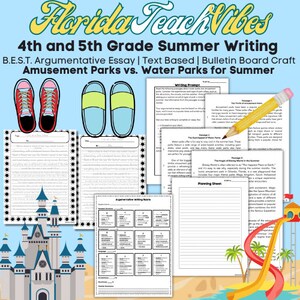 May include: A printable worksheet set for 4th and 5th grade students to write an argumentative essay about amusement parks vs. water parks. The worksheet includes a writing prompt, planning sheet, and graphic organisers. The image also includes a cartoon castle and a water slide.