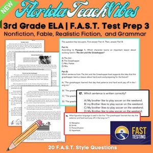 May include: An orange educational resource for 3rd grade ELA, featuring test prep materials for the F.A.S.T. exam. Includes practice questions on nonfiction, fables, realistic fiction, and grammar. A pencil points to the test prep materials.