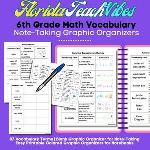 May include: Colorful printable graphic organizers for 6th grade math vocabulary. The organizers include definitions, examples, and visuals for terms like ratio, value of a ratio, equivalent ratios, and more.