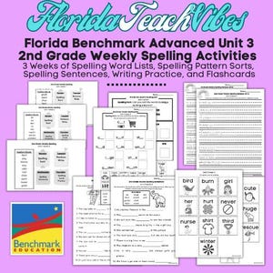 May include: Black and white printable worksheets for 2nd grade spelling activities. The worksheets include spelling word lists, spelling pattern sorts, spelling sentences, writing practice, and flashcards. The worksheets are based on the Florida Benchmark Advanced Unit 3 curriculum.