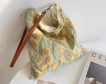 Floral Shoulder bag, Tulip Shoulder Bag, Shoulder Bag, Women's Handbag, Grocery Bag, Vintage Bag, Canvas Bag, Gift for Her, Birthday Gift