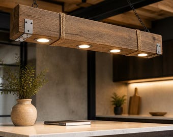 Hanging Chandelier Lamp With Recessed LED Lights Vintage Rustic Wood Farmhouse Barn Beam Look Country Style Cabin Primitive Home Décor