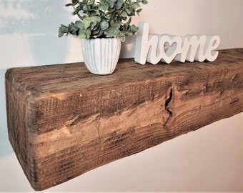 8" x 8" Floating Fireplace Mantel Shelf Rustic Hand Hewn Barn Beam Distressed Aged and Weathered Barn Wood Look Custom Made to Size Mantle