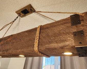 Hanging Chandelier Lamp With Recessed LED Lights Vintage Rustic Wood Farmhouse Barn Beam Look Country Style Cabin Primitive Home Décor