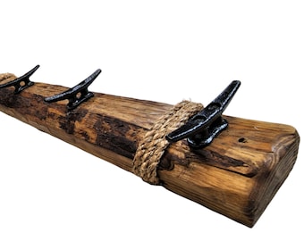 Whitewashed Nautical Towel or Coat Rack With Boat Dock Cleat Wall Hooks On Distressed Wood Plank Holder for Beach Towels, Purse, Leash