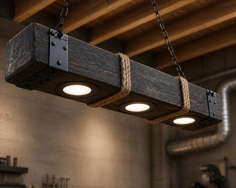 Hanging Chandelier Lamp With Recessed LED Lights Vintage Rustic Wood Farmhouse Barn Beam Look Country Style Cabin Primitive Home Décor
