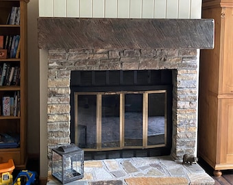 12" x 12" Custom Made to Size Fireplace Mantel With a Rustic Hand Hewn Barn Beam Style Distressed Aged and Weathered Rough Sawn Wood Mantle