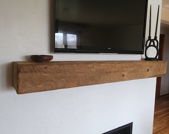 8" x 8" Floating Fireplace Mantel Shelf Rustic Hand Hewn Barn Beam Distressed Aged and Weathered Barn Wood Look Custom Made to Size Mantle