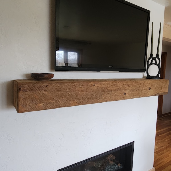 8" x 8" Floating Fireplace Mantel Shelf Rustic Hand Hewn Barn Beam Distressed Aged and Weathered Barn Wood Look Custom Made to Size Mantle