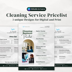 Modelo de lista de preços de negócios de limpeza, lista de verificação de limpeza, lista de limpeza, folheto de serviço Modelo de serviço de empresa de limpeza comercial