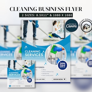 May include: A blue and white flyer advertising cleaning services. The flyer features a photo of a person cleaning a bathroom and the text "Cleaning Services" in a bold font. The flyer also includes a list of services offered, such as office cleaning, move-in/move-out cleaning, residential cleaning, and post-construction cleaning. The flyer also includes a 20% off discount and a "Book Now" button.