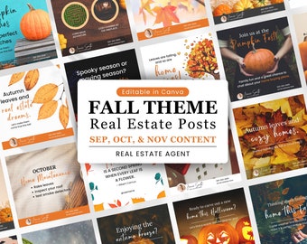 May include: A collage of images with a fall theme for real estate social media posts. The images feature pumpkins, autumn leaves, cozy homes, and fall-themed quotes. The text "Fall Theme Real Estate Posts" is in the center of the collage.