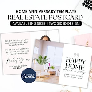 Tarjeta postal de feliz aniversario de casa de agentes inmobiliarios, plantilla Canva de tarjeta de aniversario de casa feliz de un año, marca de marketing inmobiliario