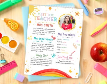 Meet the Preschool Teacher Canva Template Back to School Flyer, Welcome Letter All About Me My Teacher Bio Profile and bulletin board