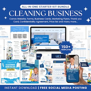 Inicialização completa de empresa de limpeza, folheto de serviço de limpeza, cartões de visita, propostas de limpeza, lista de preços e modelo de site Canva