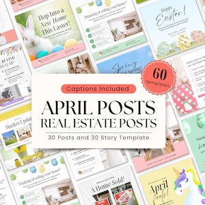 May include: A collage of 60 social media post templates for real estate agents. The templates feature an Easter theme with pastel colors, eggs, and bunnies. The text "April Posts Real Estate Posts" is in the center of the image. The text "30 Posts and 30 Story Template" is below the main text.