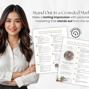 May include: A woman in a white shirt stands in front of two documents titled "HOME BUYING PROCESS". The documents have a gold and white color scheme and include text. The image also contains the text "Stand Out in a Crowded Market".