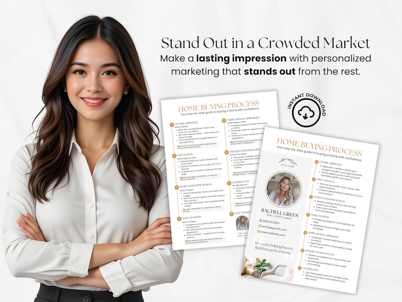 May include: A woman in a white shirt stands in front of two documents titled "HOME BUYING PROCESS". The documents have a gold and white color scheme and include text. The image also contains the text "Stand Out in a Crowded Market".