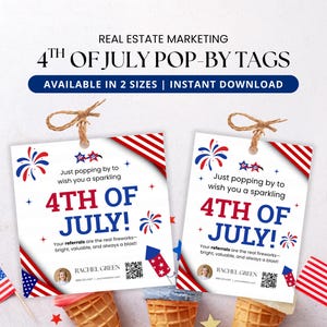 Etiquetas de regalo para agentes inmobiliarios del 4 de julio, marketing inmobiliario de verano, plantilla editable de Canva para recomendaciones, paquete de tarjetas descargables para agentes inmobiliarios.