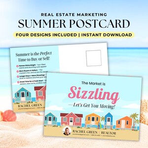 Modello di cartolina estiva immobiliare Canva, biglietto di auguri per l'estate con codice QR, mailing di marketing per agenti immobiliari e clienti passati