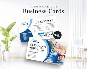May include: Two rectangular business cards for a cleaning service featuring blue and white branding. The cards display the text Clean Sweep, Our Services, John Smith, contact details, and a small circular badge stating Editable in Canva.