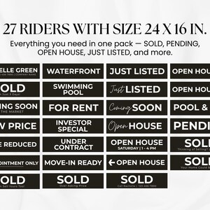 May include: A collection of 27 real estate sign riders, each measuring 24 x 16 inches. The black and white signs feature phrases like "SOLD," "OPEN HOUSE," and "JUST LISTED," along with other real estate-related terms.