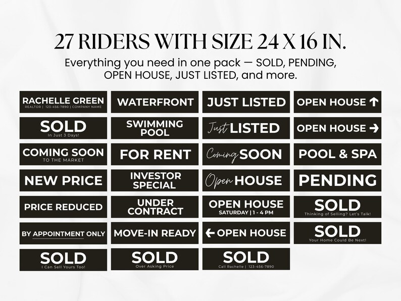 May include: A collection of 27 real estate sign riders, each measuring 24 x 16 inches. The black and white signs feature phrases like "SOLD," "OPEN HOUSE," and "JUST LISTED," along with other real estate-related terms.