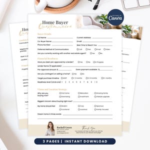 Może przedstawiać: Kwestionariusz Kupującego Dom z tekstem "Home Buyer Questionnaire" w złotym skrypcie. Formularz zawiera sekcje dotyczące danych kupującego, gotowości finansowej oraz strategii wizji i lokalizacji. Na dole znajduje się fraza "3 PAGES | INSTANT DOWNLOAD".