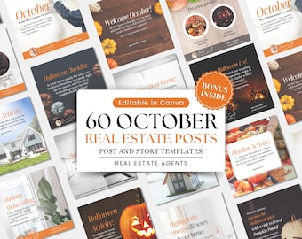 May include: A collage of 60 social media post templates for real estate agents. The templates feature a variety of autumnal themes, including pumpkins, fall foliage, and Halloween decorations. The text on the templates includes phrases like "Welcome October!" and "Halloween Activity". The templates are editable in Canva.