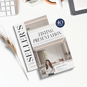 May include: A white and black "Seller's Guide" and "Listing Presentation" booklet with a photo of a woman in a modern home. The presentation is labeled "Sell Your Home Faster and For The Best Price" and has 40 pages.