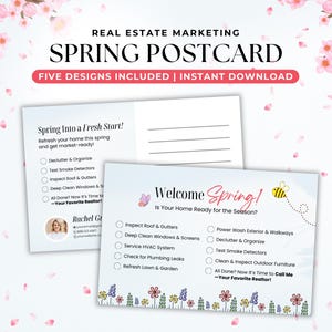 Frühlings-Immobilien-Postkarten, bearbeitbare Canva-Vorlage für Makler-Farming, Makler-Nachbarschaftsmailer und Maklerpostkarten