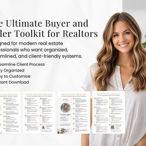 May include: A digital toolkit for realtors, featuring the text "The Ultimate Buyer and Seller Toolkit for Realtors." The design includes a smiling woman and several informational guides with bullet points: Streamline Client Process, Stay Organized, Easy to Customize, and Instant Download.