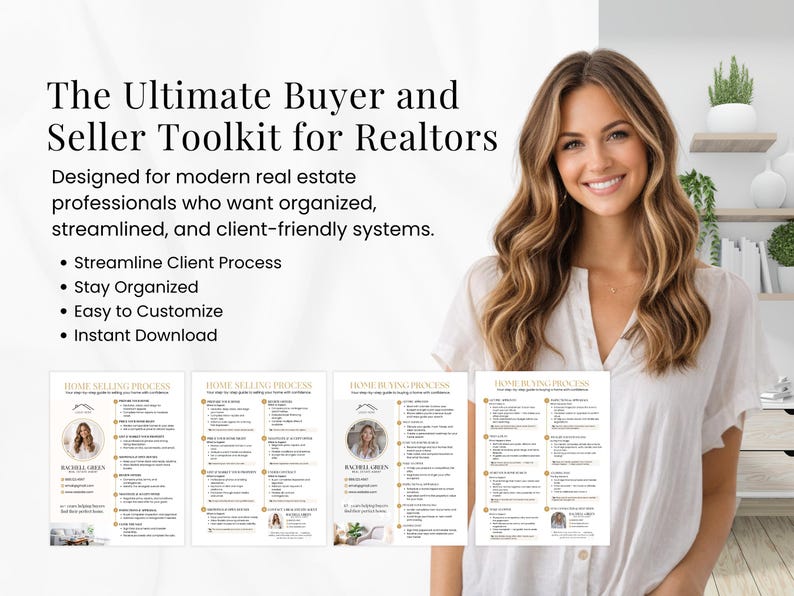 May include: A digital toolkit for realtors, featuring the text "The Ultimate Buyer and Seller Toolkit for Realtors." The design includes a smiling woman and several informational guides with bullet points: Streamline Client Process, Stay Organized, Easy to Customize, and Instant Download.