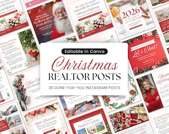 May include: A selection of Christmas-themed Instagram posts for estate agents, with festive designs in red and white. The posts include images of Father Christmas, holiday decorations, and real estate-related text. The text "Christmas Realtor Posts" is prominently displayed.