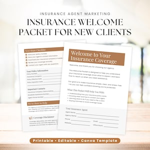 Peut inclure: Document de deux pages intitulé "Insurance Welcome Packet for New Clients". Le document comprend des sections pour les informations sur la police, les contacts importants et un message de bienvenue. Modèle Canva imprimable et modifiable.