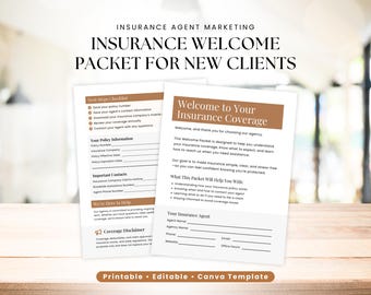Op de afbeelding: Document van twee pagina's met de titel "Insurance Welcome Packet for New Clients". Het document bevat secties voor beleidsinformatie, belangrijke contacten en een welkomstbericht. Het is een afdrukbare en bewerkbare Canva-sjabloon.