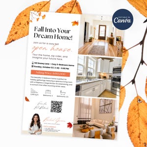 Könnte beinhalten: Immobilien-Flyer mit dem Text "Fall Into Your Dream Home!" und Innenaufnahmen eines Hauses. Der Flyer enthält Details zu einem Tag der offenen Tür, einen QR-Code und die Kontaktinformationen des Maklers. Herbstblätter umrahmen den Flyer.