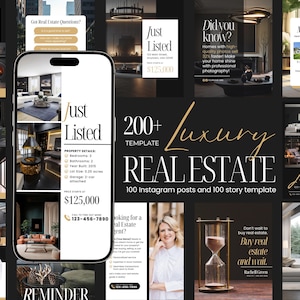 May include: A promotional image for luxury real estate, featuring a smartphone displaying a "Just Listed" property, and other marketing materials. The image includes text: "200+ Luxury Real Estate Template".