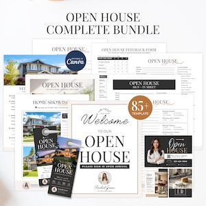 May include: A collection of open house templates, including signs, forms, and marketing materials. The designs feature images of houses, with text such as "Open House," "Welcome," and "Sign-in Sheet." The bundle includes over 85 templates.