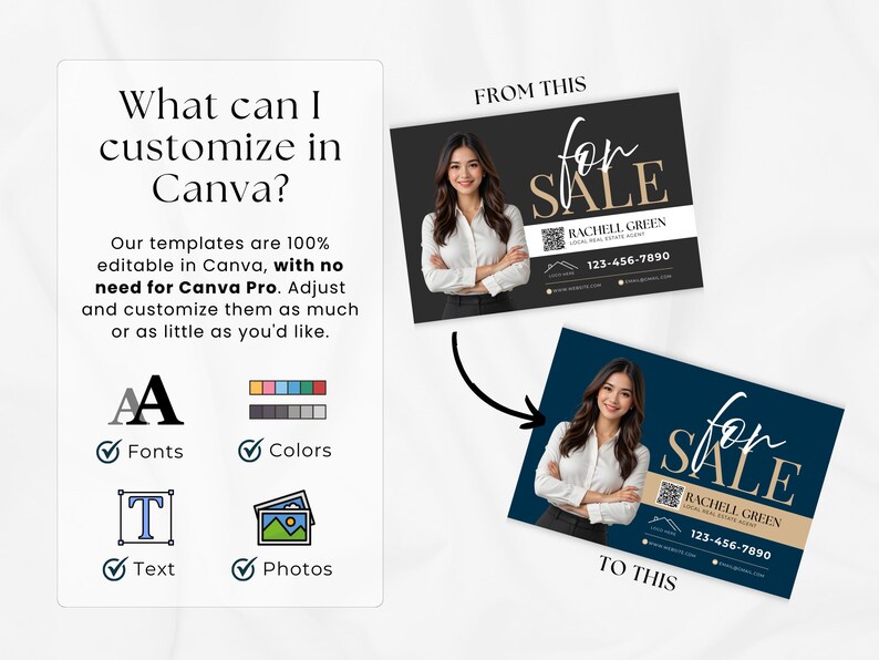 May include: A graphic showing a before-and-after comparison of real estate templates. The templates are customizable in Canva, with options for fonts, colors, text, and photos. The "for sale" design features a photo of a woman.