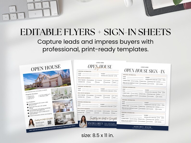 May include: Three print-ready templates for real estate, including an open house flyer and two sign-in sheets. The flyer features a house photo and property details. The sign-in sheets have fields for personal and real estate information. The text reads "EDITABLE FLYERS + SIGN-IN SHEETS".