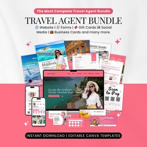 May include: A pink and white graphic promoting a travel agent bundle. The image includes a laptop, smartphones, and printed materials with travel-related themes. Text includes "Travel Agent Bundle" and "Instant Download | Editable Canva Templates."