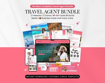 Travel Agent Business Complete bundle Template, Forms bundle, Travel Instagram, Travel Agent Website & Flyer, Proposal, calling card, Canva