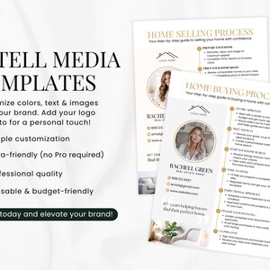 May include: Two white and gold real estate templates with the text "AITELL MEDIA TEMPLATES" and "HOME SELLING PROCESS" and "HOME BUYING PROCESS". The templates include a photo of a woman and bullet points. The text "Order today and elevate your brand!" is also visible.