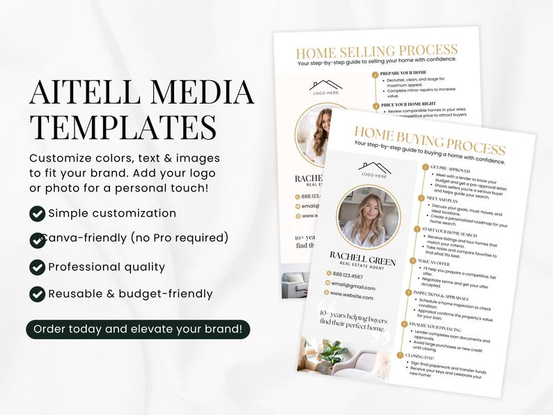 May include: Two white and gold real estate templates with the text "AITELL MEDIA TEMPLATES" and "HOME SELLING PROCESS" and "HOME BUYING PROCESS". The templates include a photo of a woman and bullet points. The text "Order today and elevate your brand!" is also visible.